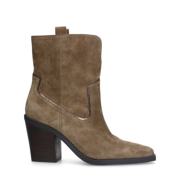 Taupe suède enkellaarsjes met blokhak