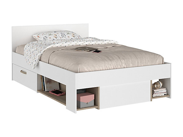 Lit 120 x 190/200 cm avec rangements - Blanc et naturel   Sommier - KINSELIA