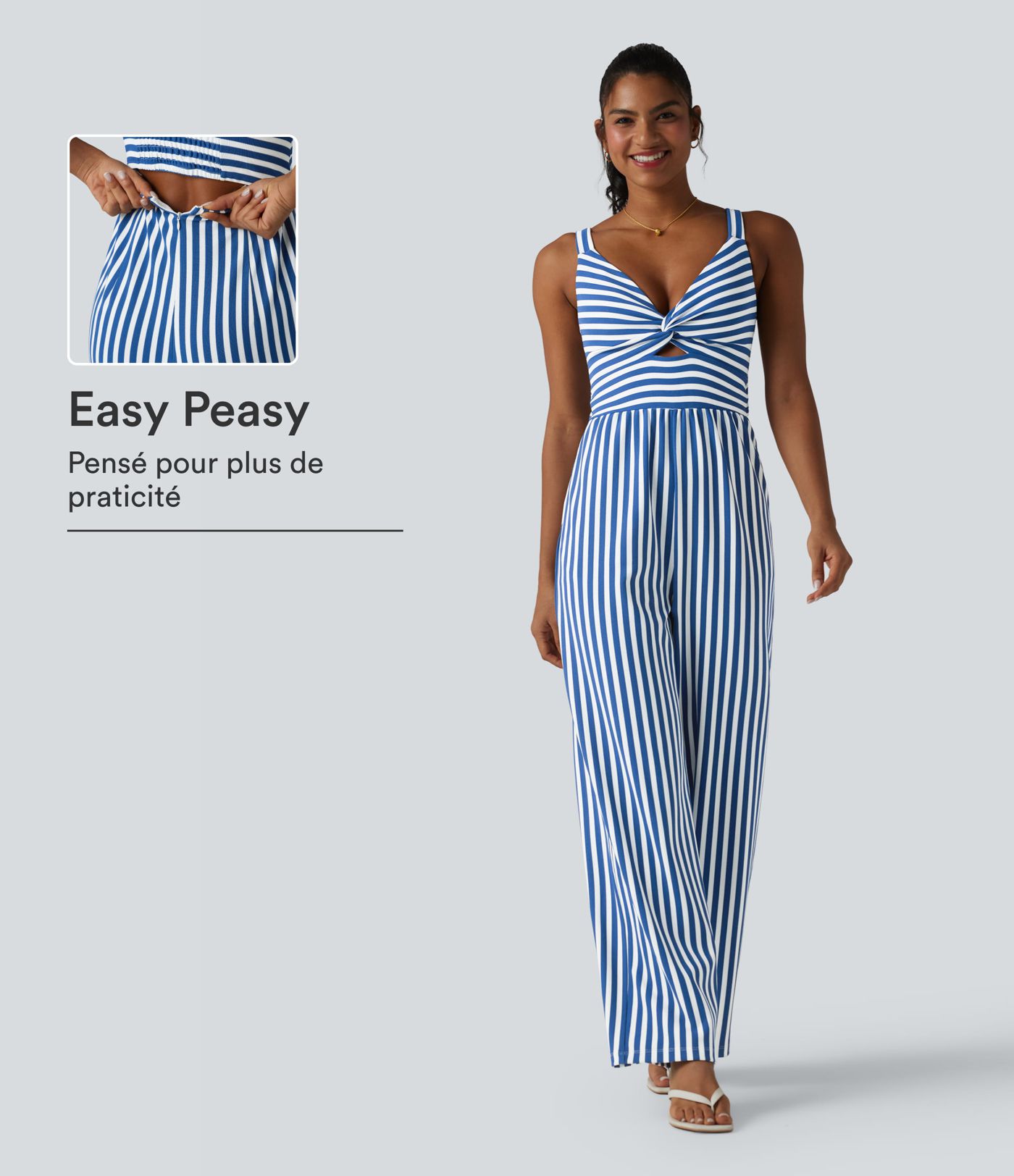 Combinaison casual sans manches à rayures en nid d'abeille torsadée froncée fermeture éclair invisible avec soutien-gorge intégré et poches - Easy Peasy