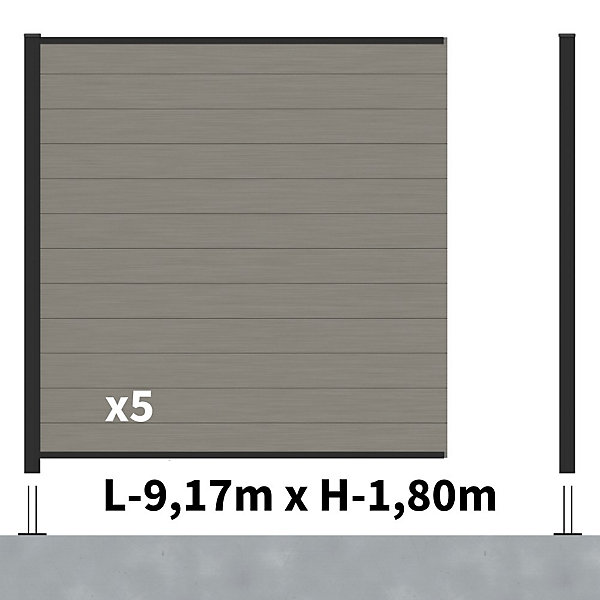 Kit Clôture Composite RIO Platines 9x1,8m - Bois composite &Aluminium - Poteaux Noir sur Platines- Brise vue - Palissade
