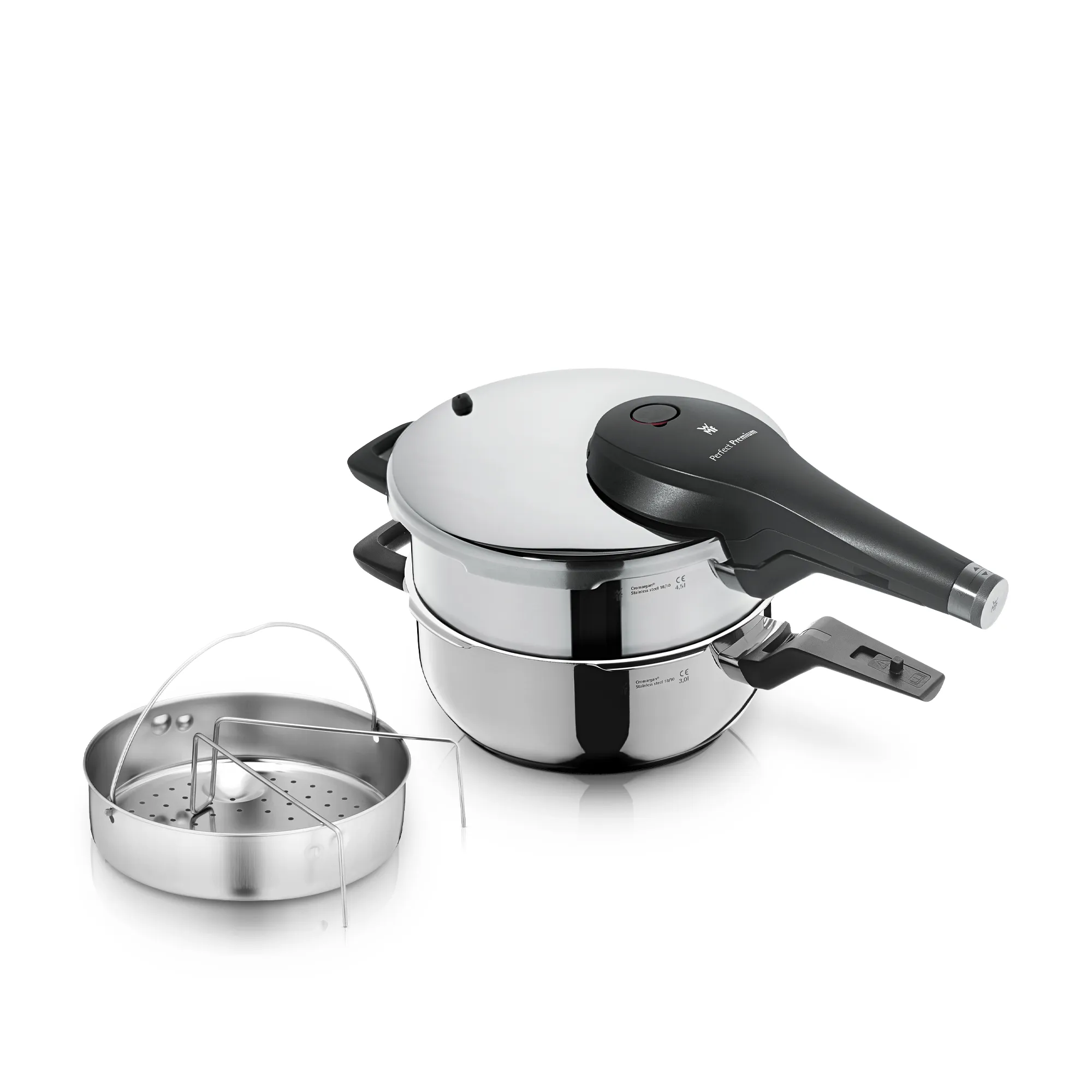 WMF Perfect Premium One Pot Pressure Cooker Set, 4.5 L and 3 L stackable with steam basket