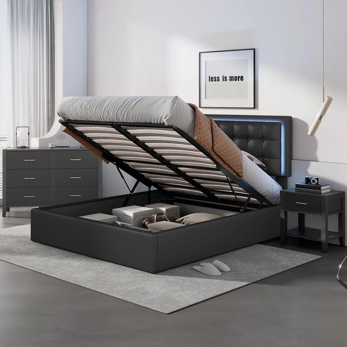 3-Pieces Bedroom Sets Queen Size Tufted Upholstered PU Platform Bed with Nightstand and Storage Dresser, Black