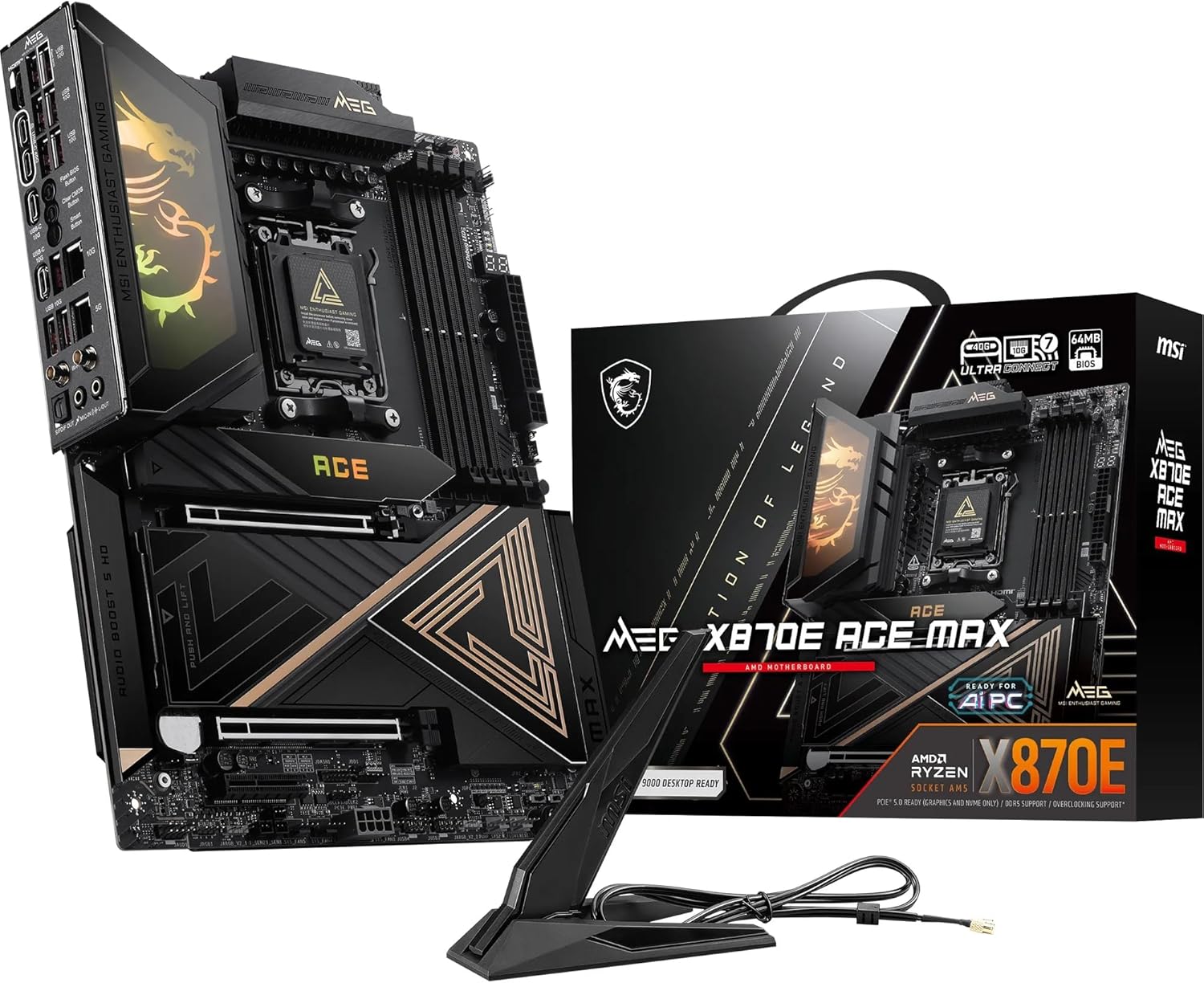 MSI MEG X870E ACE MAX Motherboard, ATX - Supports AMD Ryzen 9000/8000 / 7000 Processors, AM5-64MB BIOS ROM, 110A SPS VRM, DDR5 Memory (up to 8400+ MT/s OC), M.2 & PCIe 5.0, USB4, Wi-Fi 7, 10G LAN