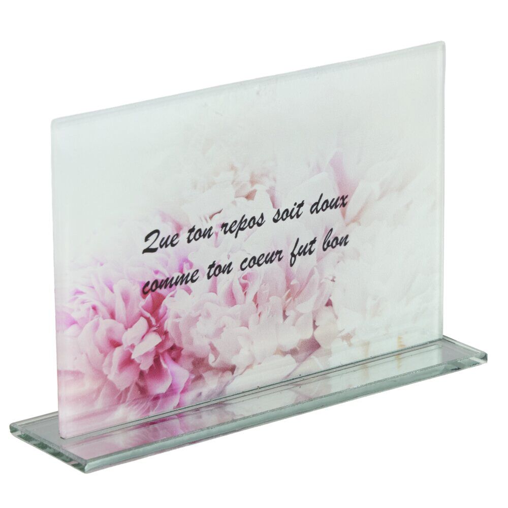 Plaque funéraire inscription rectangulaire en verre rose et blanc 16x3,5xH10,5cm
