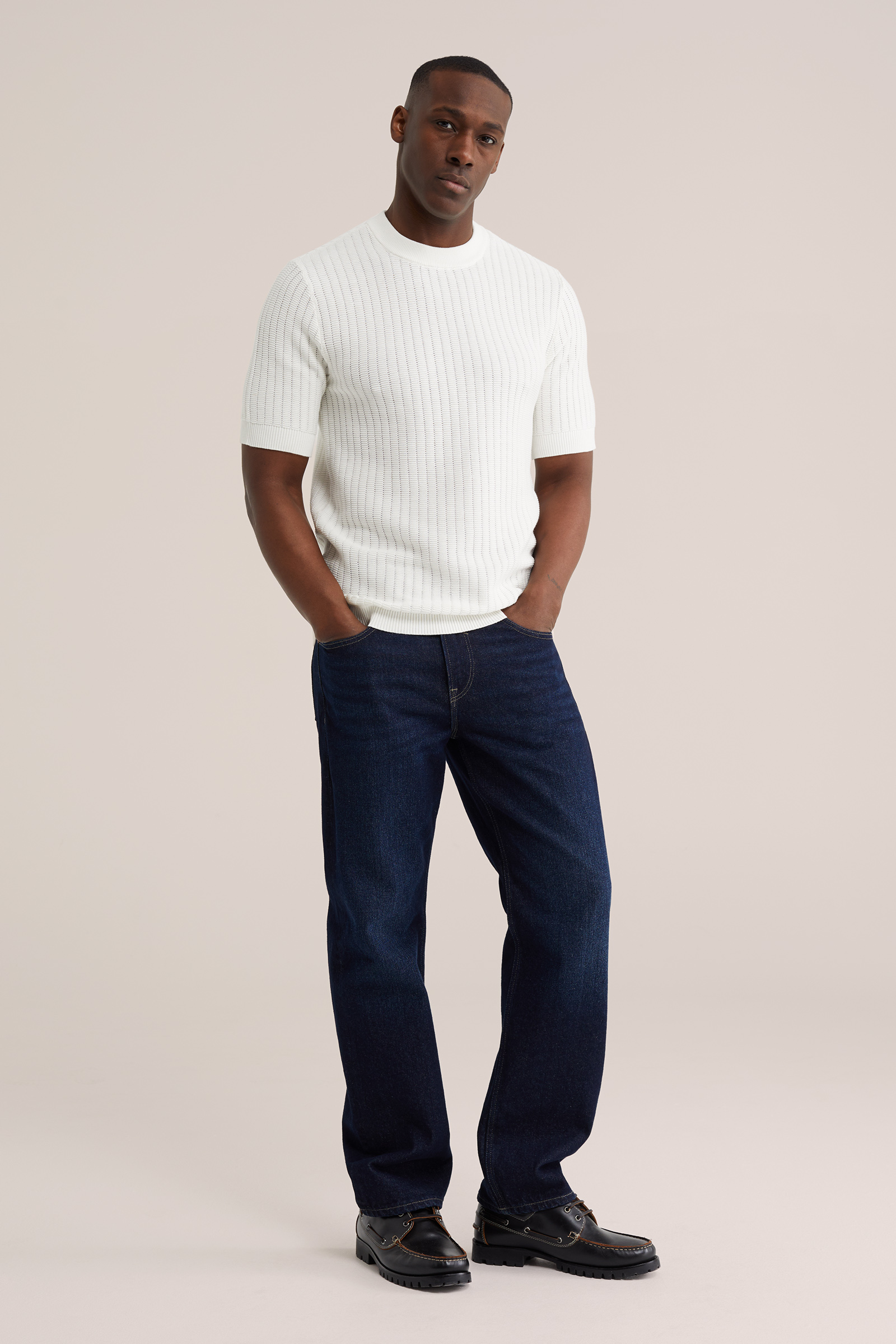 Heren regular fit grofgebreid T-shirt met structuur