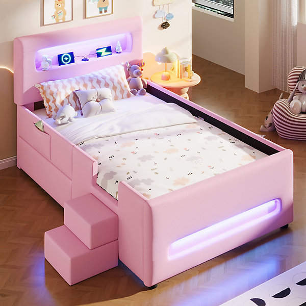 Lit Simple 90 x 200 cm - avec Tiroirs de Rangement et éclairage LED Intégré - PU   MDF, Rose