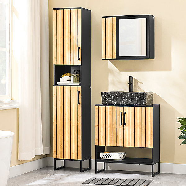 Meuble sous Lavabo Salle de Bain 60 cm en Bambou et Métal pour Espace Réduit, BZR202-SCH