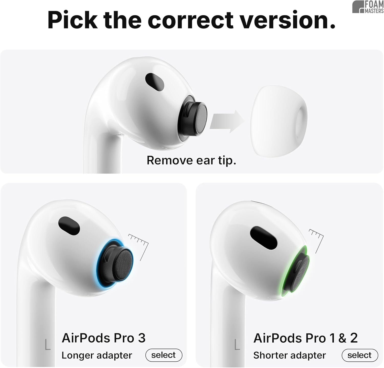 Foam Masters Memory Foam Ear Tips for AirPods Pro 1st & 2nd Gen | Comfortable | Secure | Better Noise Cancellation | Version 3.0 Replacement Buds (Small, Med, Large - 3 Pairs, Black)