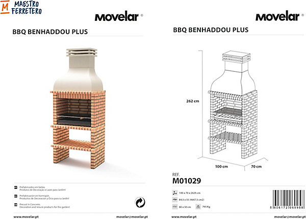 MOVELAR - Barbecue en Béton pour Bois/Charbon BBQ BENHADDOU PLUS avec Grille (Orange/Beige - 100x70x262 cm) M01029 - Extérieur