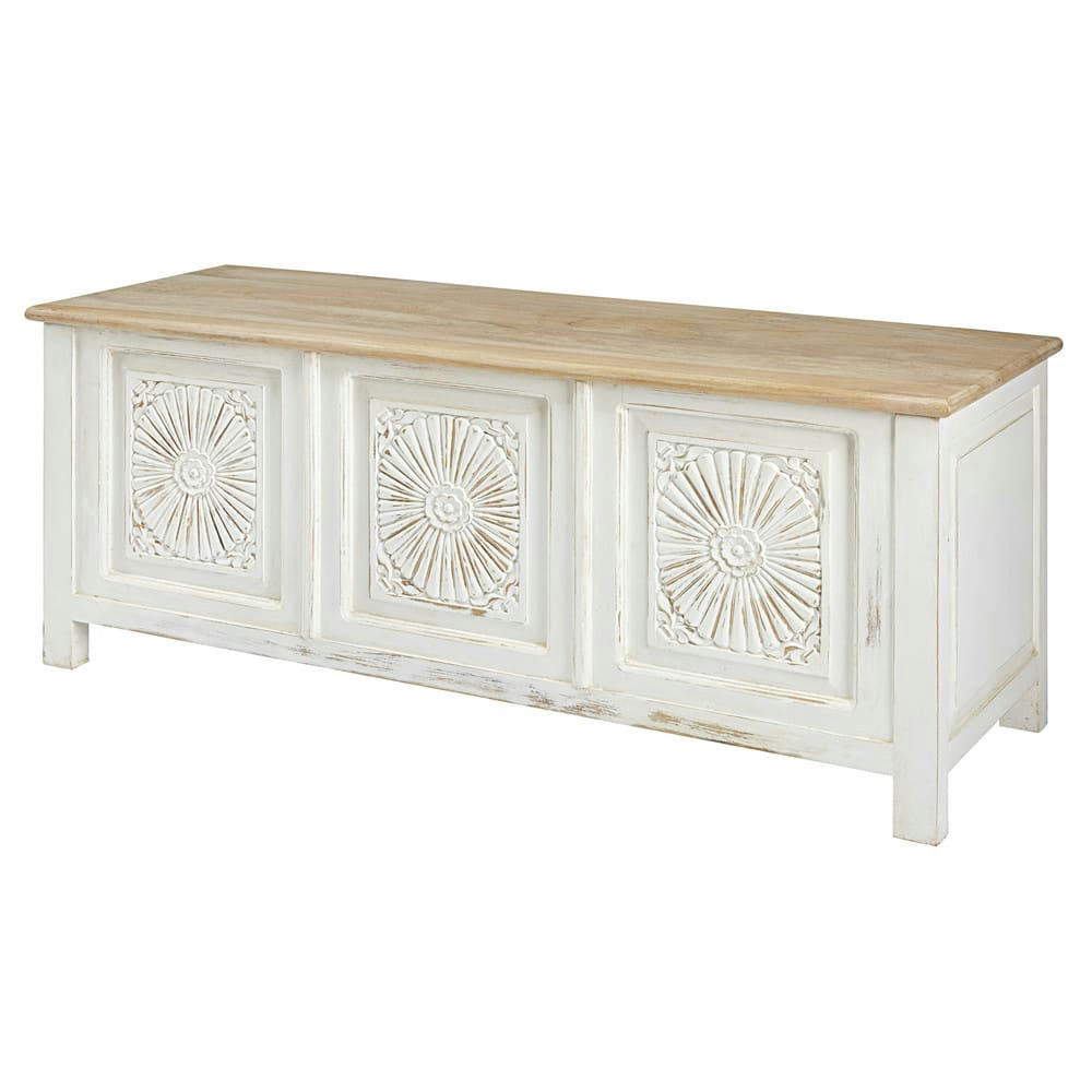 Shiva - Coffre sculpté en manguier massif blanc vieilli