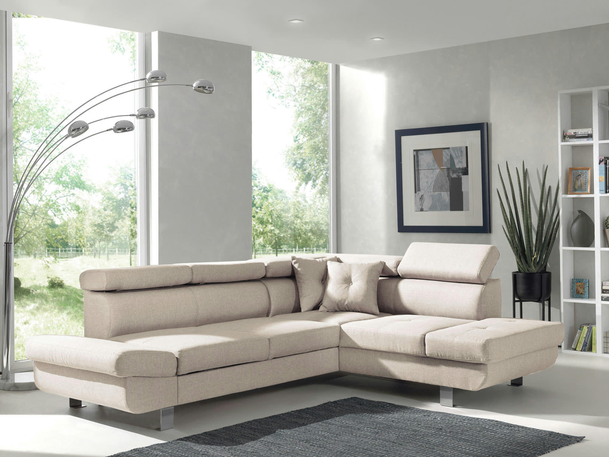 LISBONA - Canapé d'angle droit convertible 5 places en tissu beige