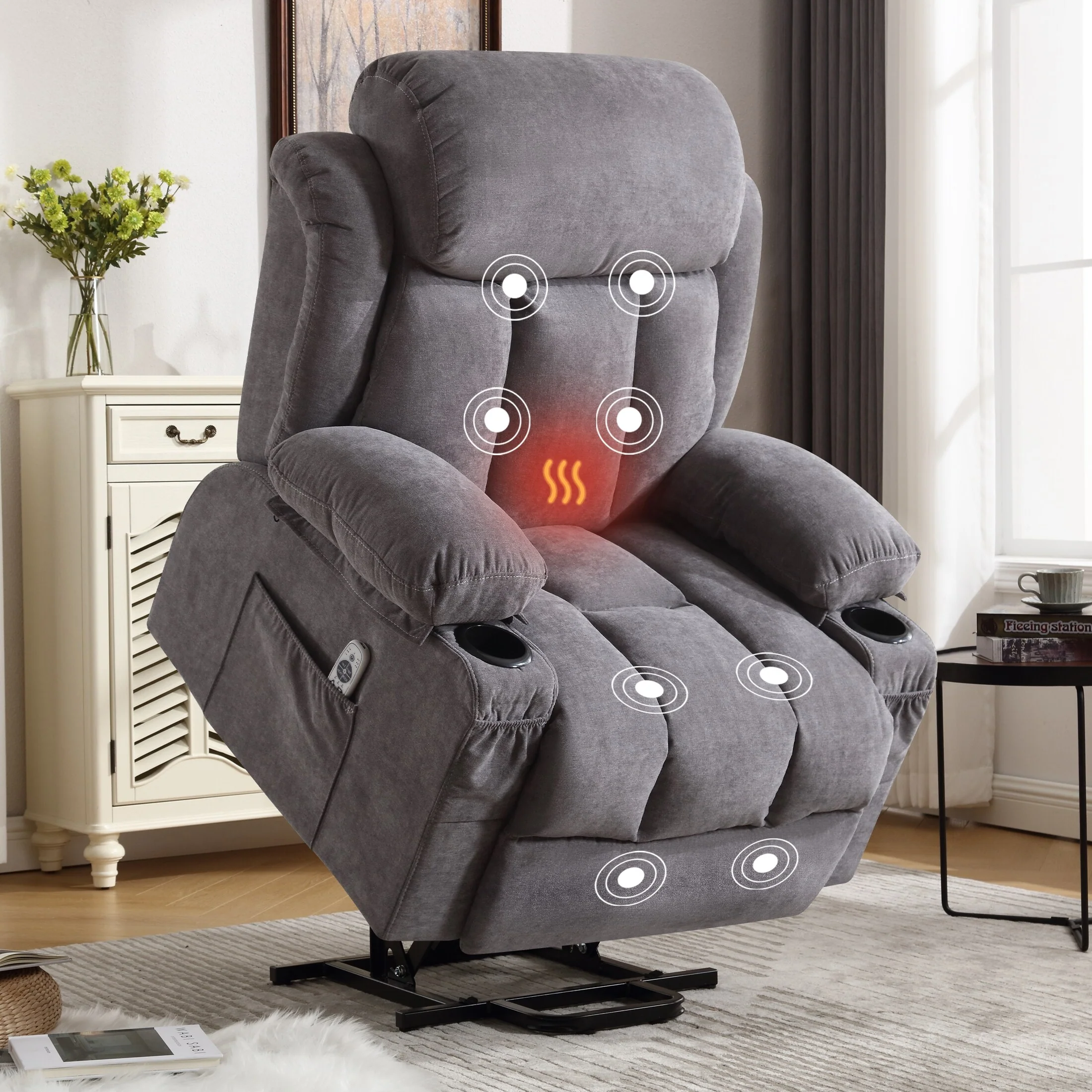 Beige Ergonomic Power Lift Recliner with Heat, Massage & USB Ports