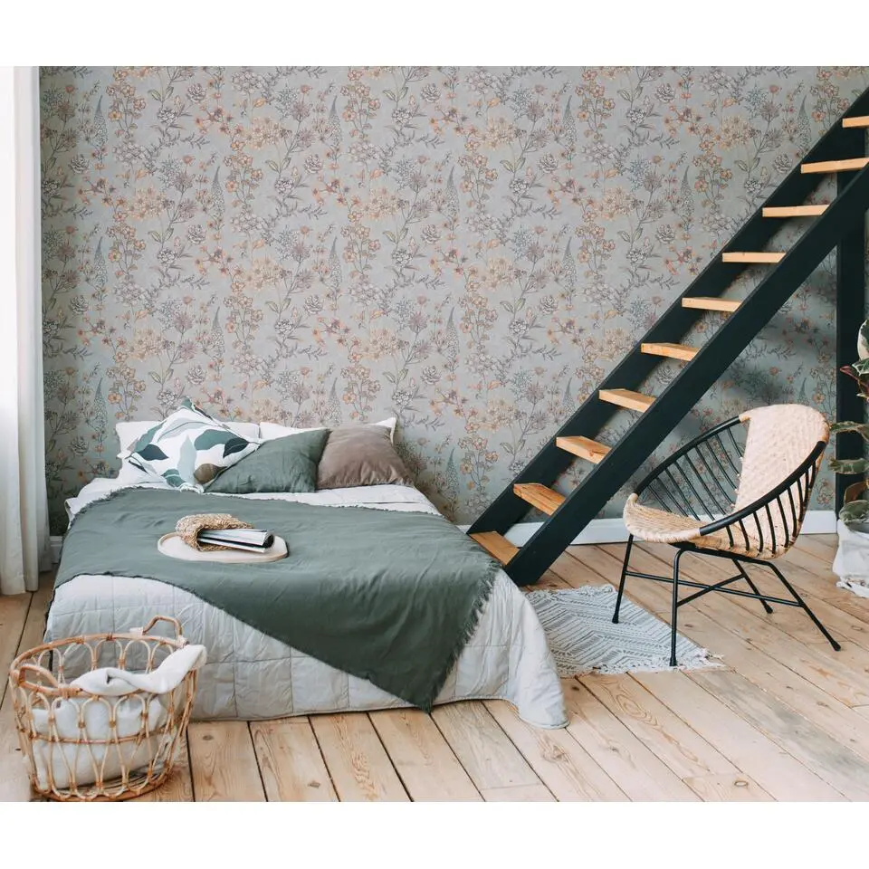 Livingwalls behang bloemen lichtgrijs, oranje, geel en grijs - 53 cm x 10.05 m