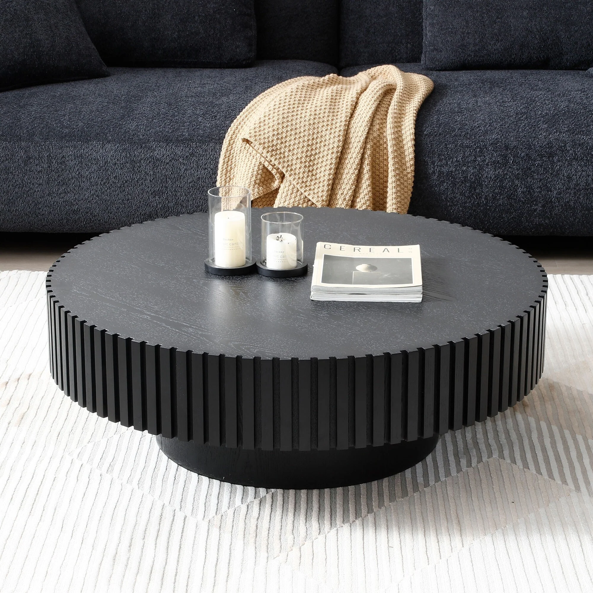 35.43'' Nesting Round Wood Coffee table for Apartment, Modern Living Room Coffee Table with Sturdy Pedestal