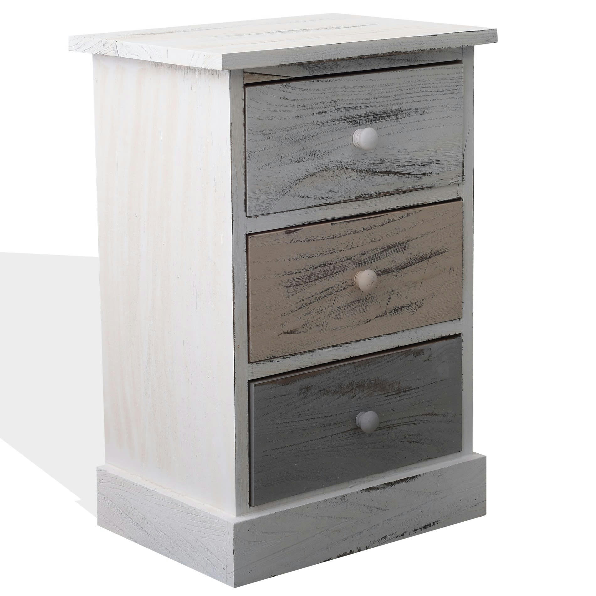 - Table de chevet avec 3 tiroirs en bois blanc et beige et gris