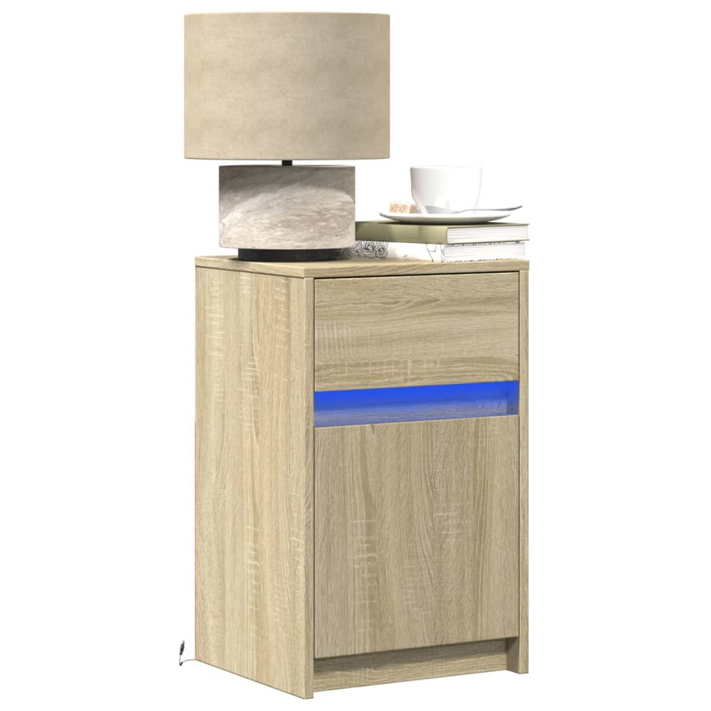 Szafka Nocna Stolik Komoda Brązowa z Szufladą z LED Do Sypialni 38x34x61 cm