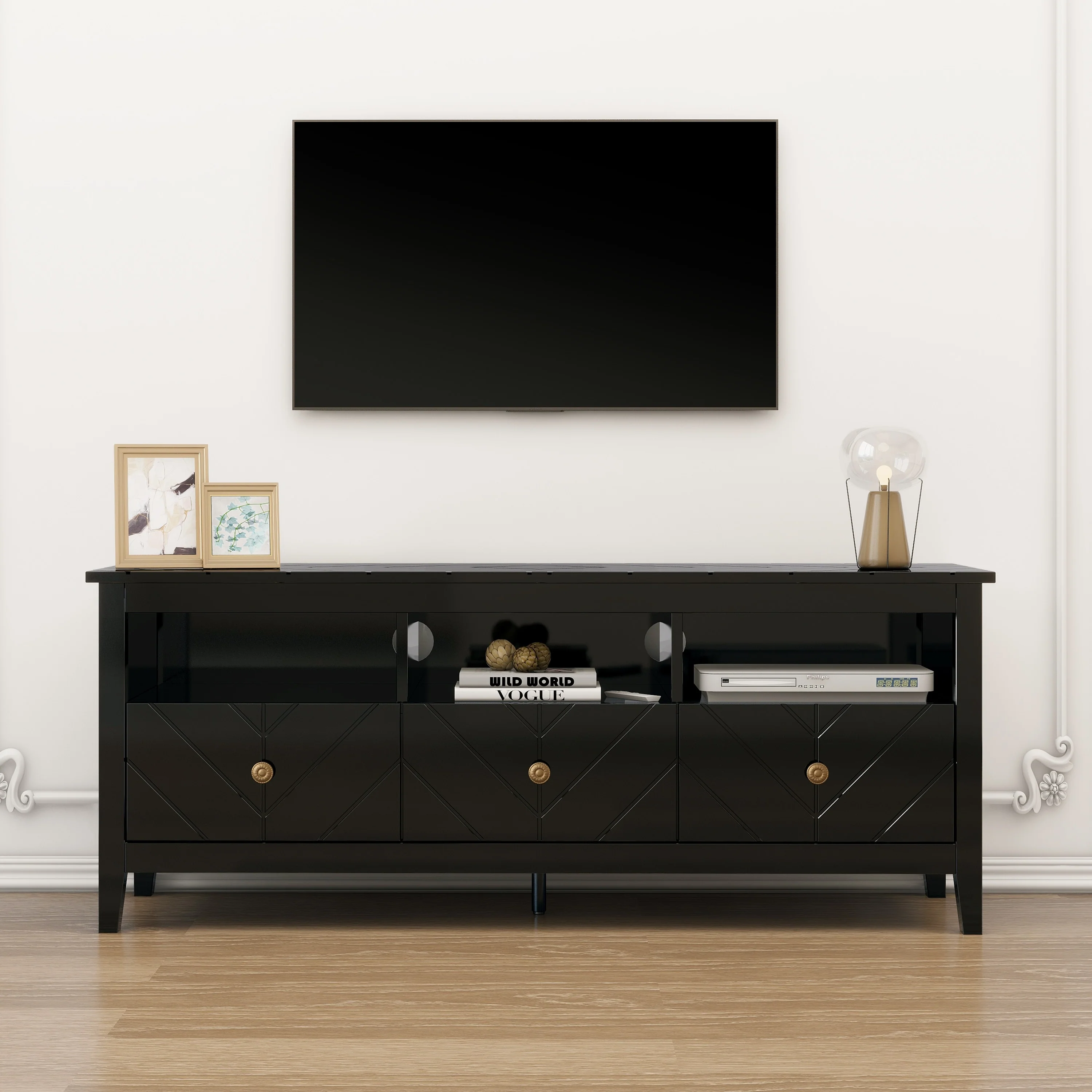 Black Wood Mid-Century Modern TV Stand Entertainment Center Herringbone - 15.83 x 47.32 x 18.96