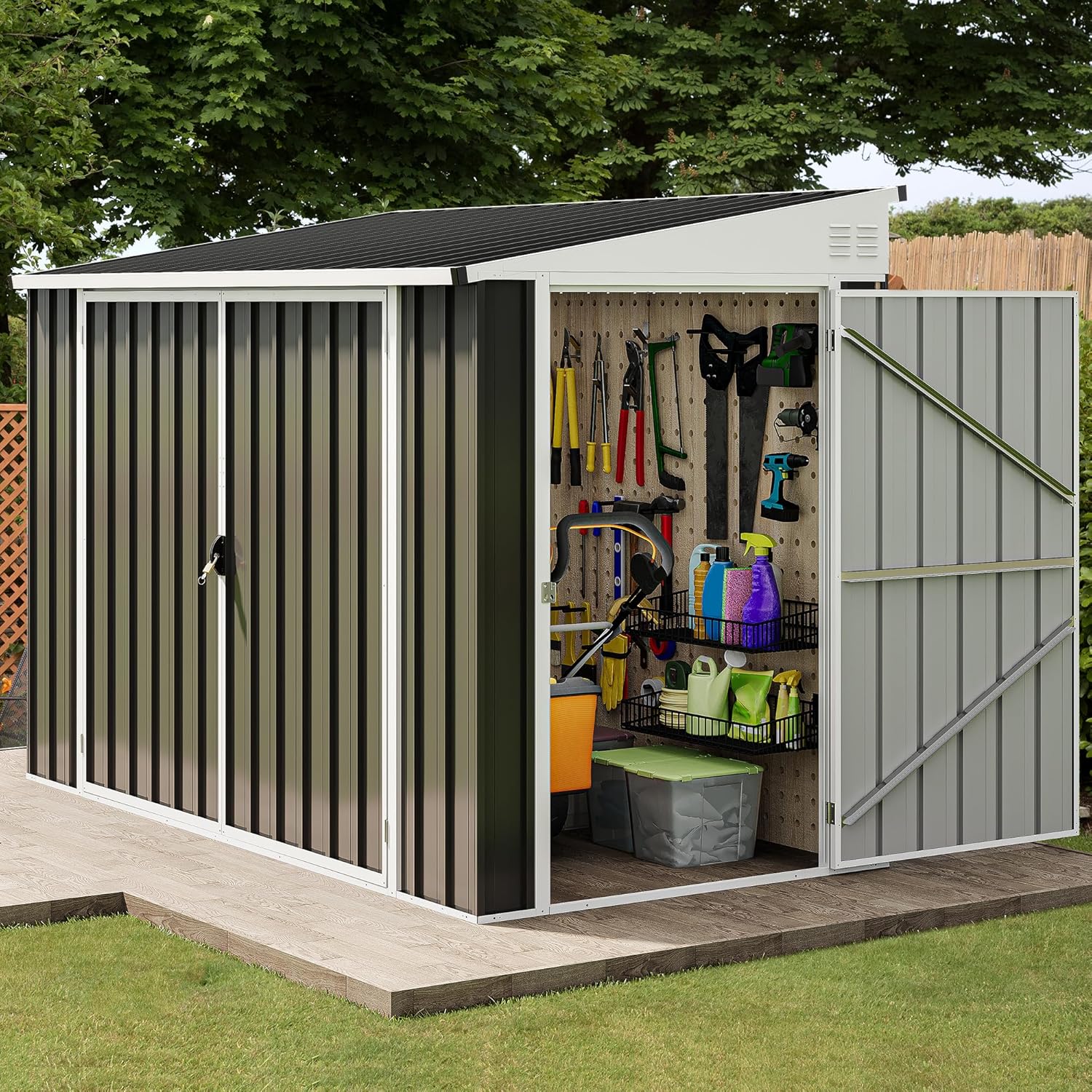 DWVO 8x4 FT Outdoor Weatherproof Storage Shed  Secure Metal Bike Shed w/Lockable Entry  Garden Storage Solution for Lawn Equipment  Tools  Waste Bin  Dark Gray