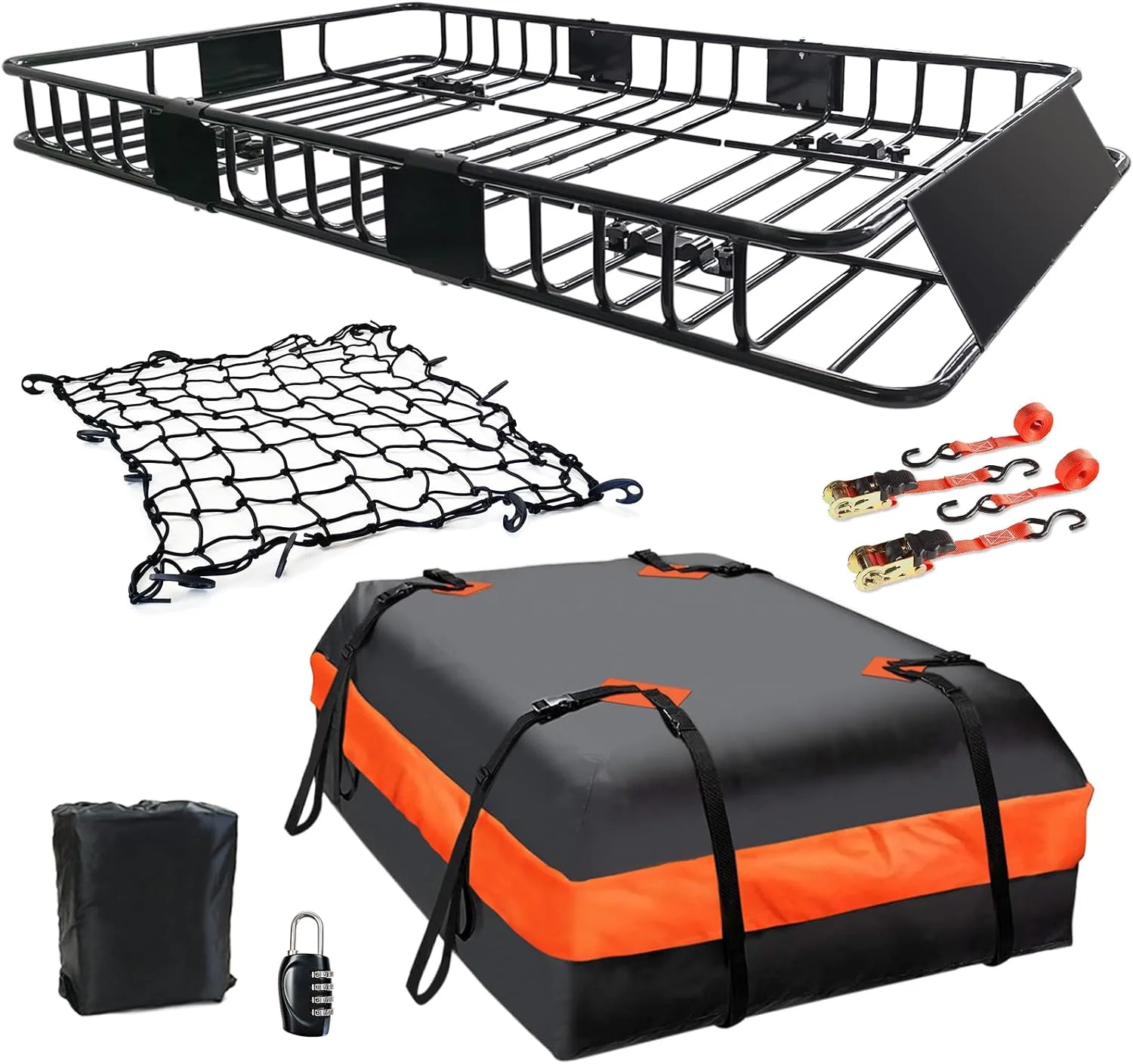 Folding hitch mounted cargo basket 60 With hook stabilizer, net and straps(ROOF BASKET 65)
