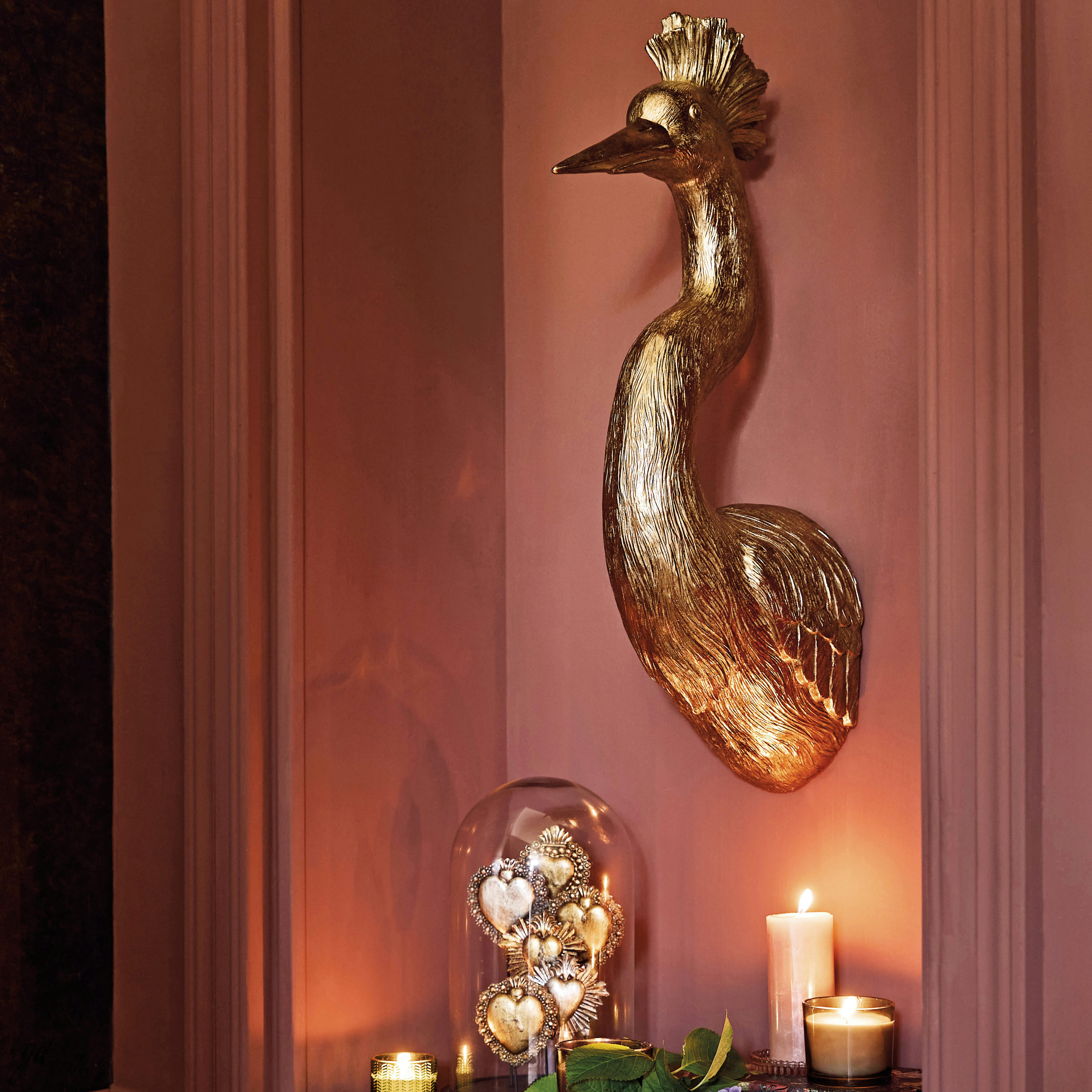 CORENTIN - Trophée mural oiseau en résine dorée 23x81