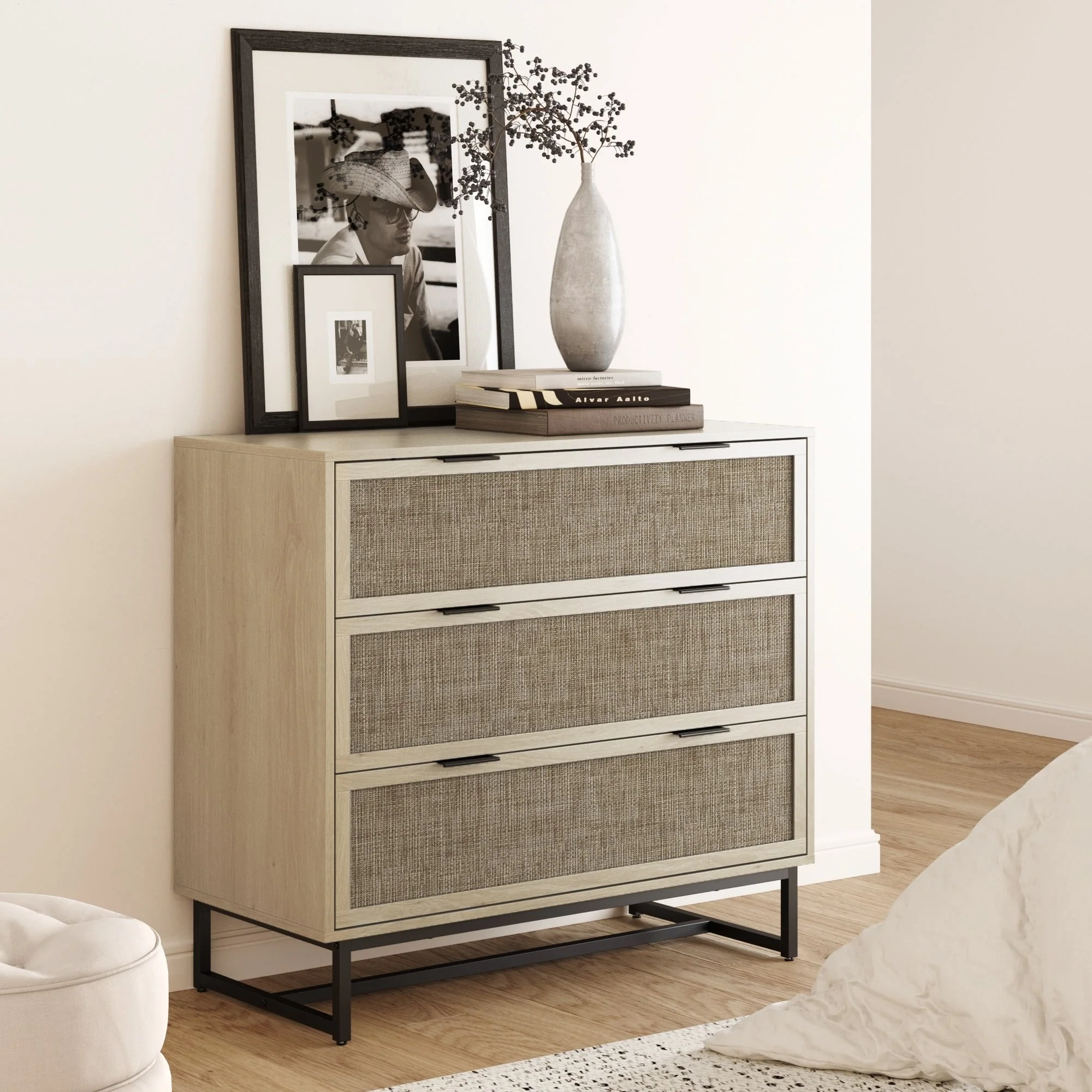 Kova 3-Drawer Rattan Dresser or Bohemian Living Room Storage Cabinet with Textilene Rattan Accent and Metal Legs