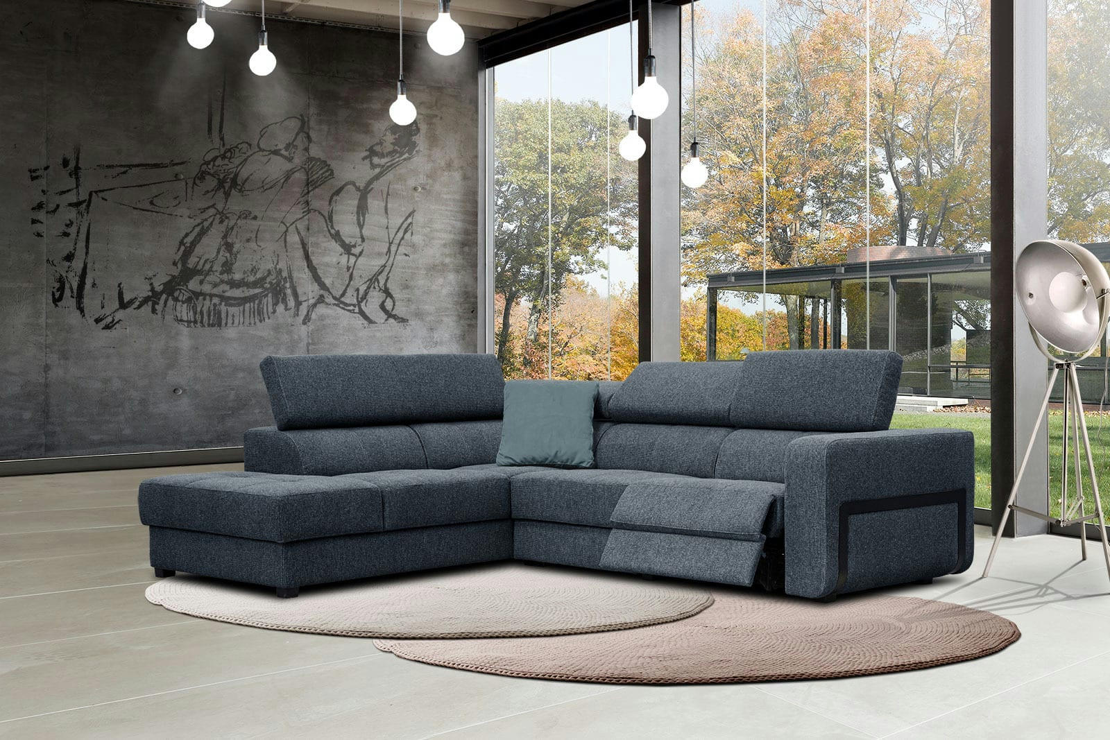 BERGO - Canapé d'angle gauche 5 places avec relax électrique tissu bleu foncé