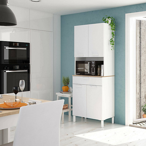 Armoire polyvalente Dbakke, Armoire auxiliaire de cuisine, Buffet avec 4 portes et 1 tiroir, 72x40h186 cm, Blanc et Chêne