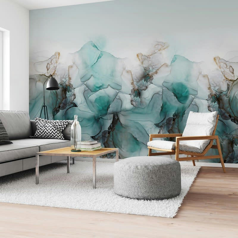 FLUID ART - Papier Peint Panoramique L336xH270cm Vert Abstrait