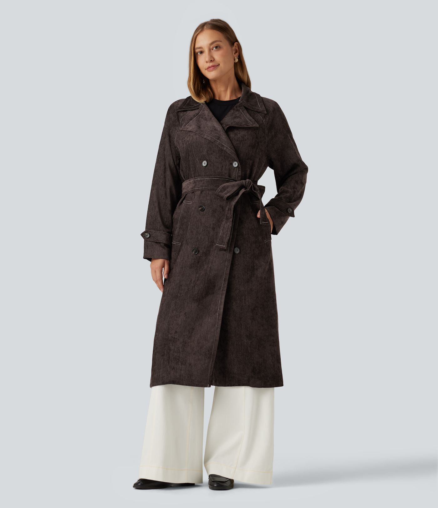 Veste longue de bureau à manches longues et ceinture avec poches