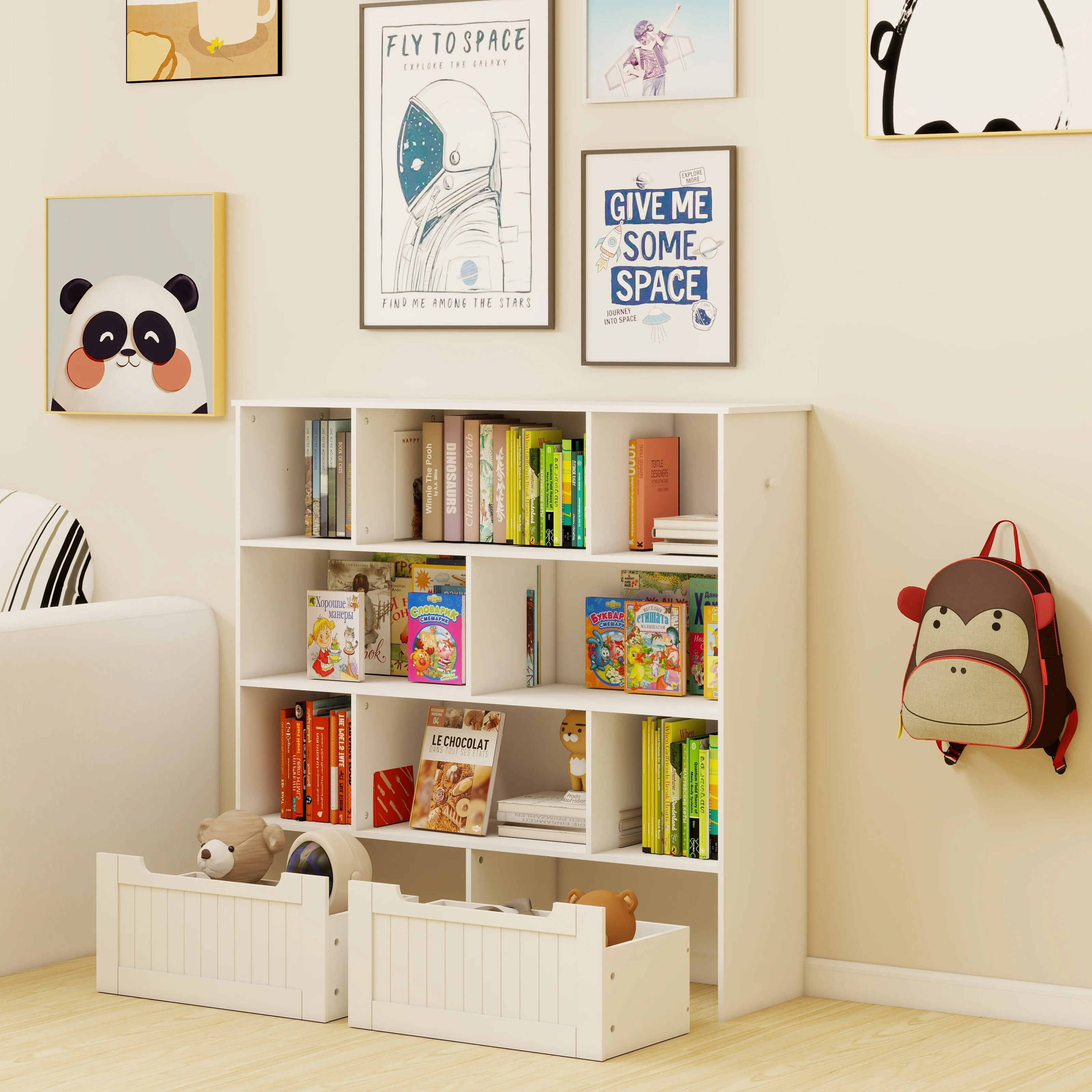 Multi-Functional 7 Shelf Kids Bookcase with 2 Hooks