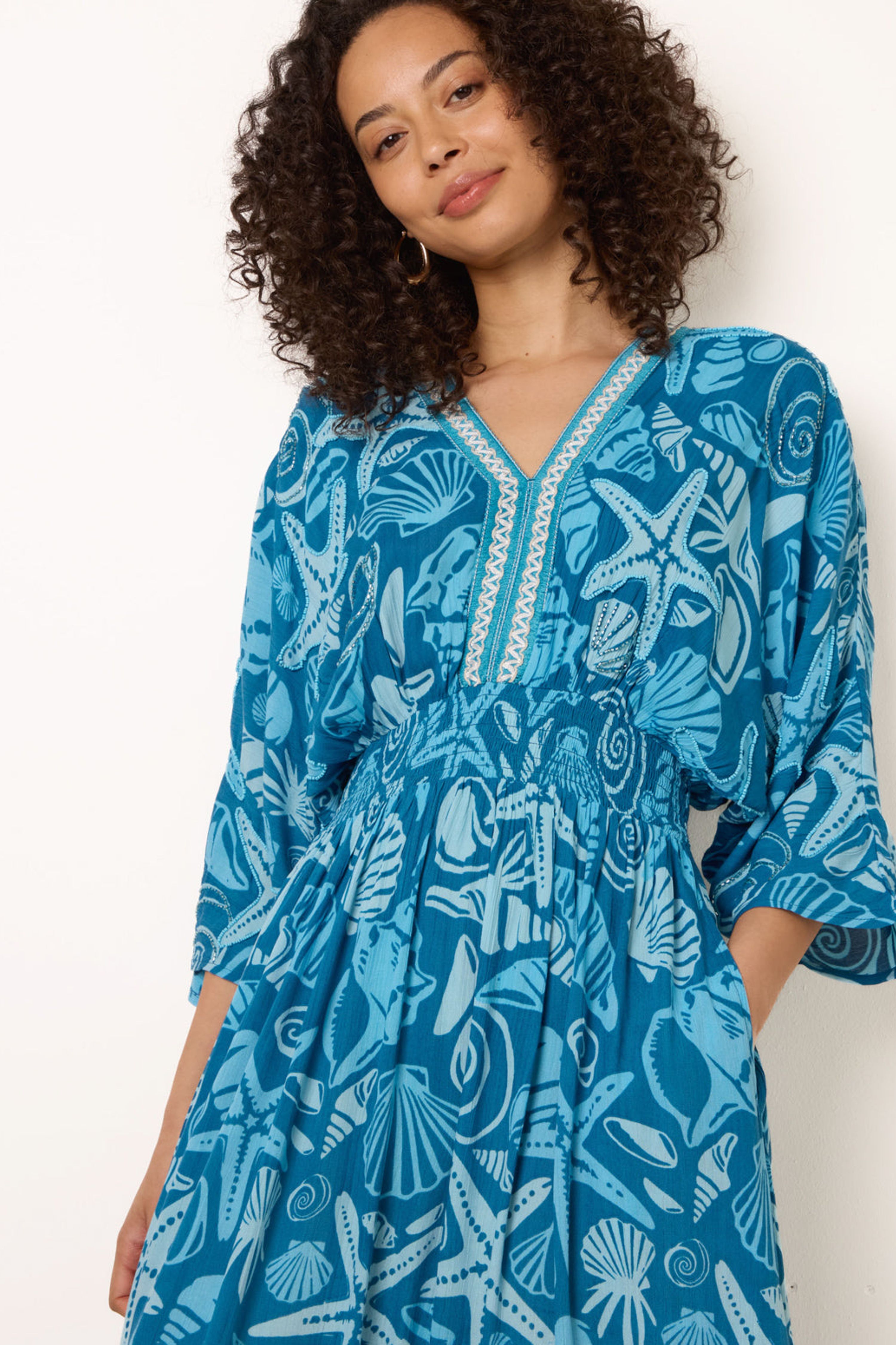 Blue Vanilla Blue Embellished Kimono Style V Front Dress