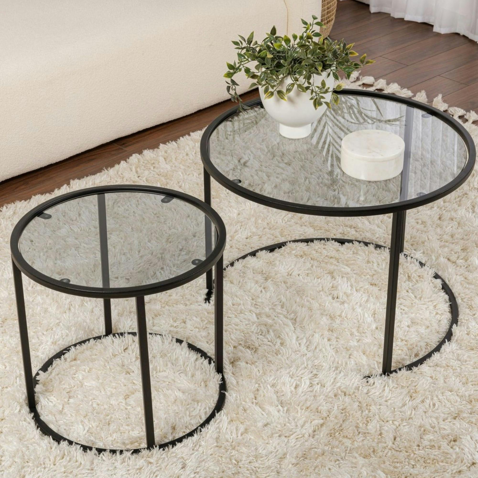 Table gigogne verre fumé - cadre noir (lot de 2) ⌀60 cm TULUM