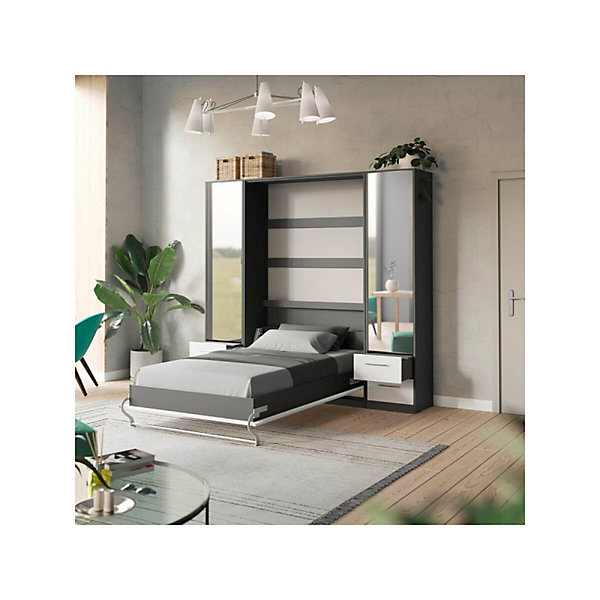 Lit escamotable  2 Placards Vertical 120x200 (50x2)cm Miroir Supérieur Anthracite-blanc brillant