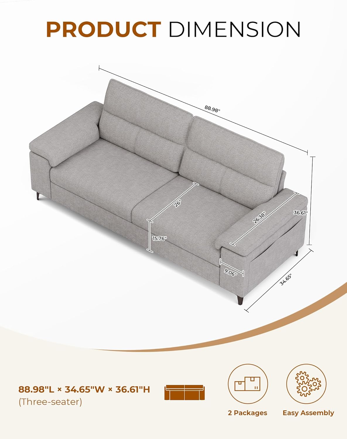 88.97 Modern Sofa Couches for Living Room, Deep Seat Sofas with 8”Cushion, Comfy 2-Seater Chenille Loveseat with Convertible Armrest, Removable Sofa Cover, High Leg(Light Gray)
