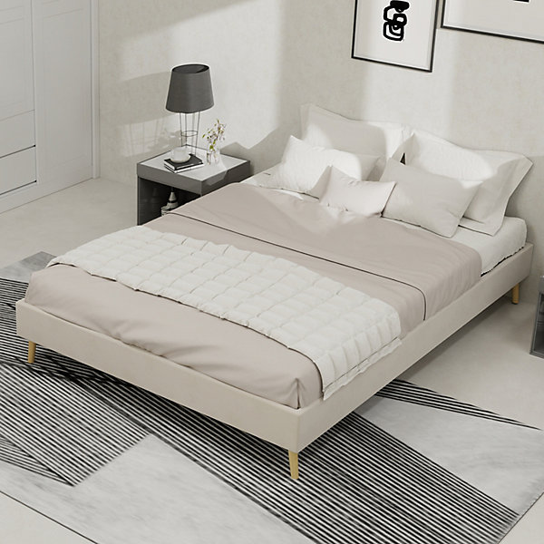 Lit Double 140x200 cm - Moderne en Velours Hollandais Bas, sans Tête de Lit/Vérin - Cadre de Lit Composite - Sans Matelas - Beige