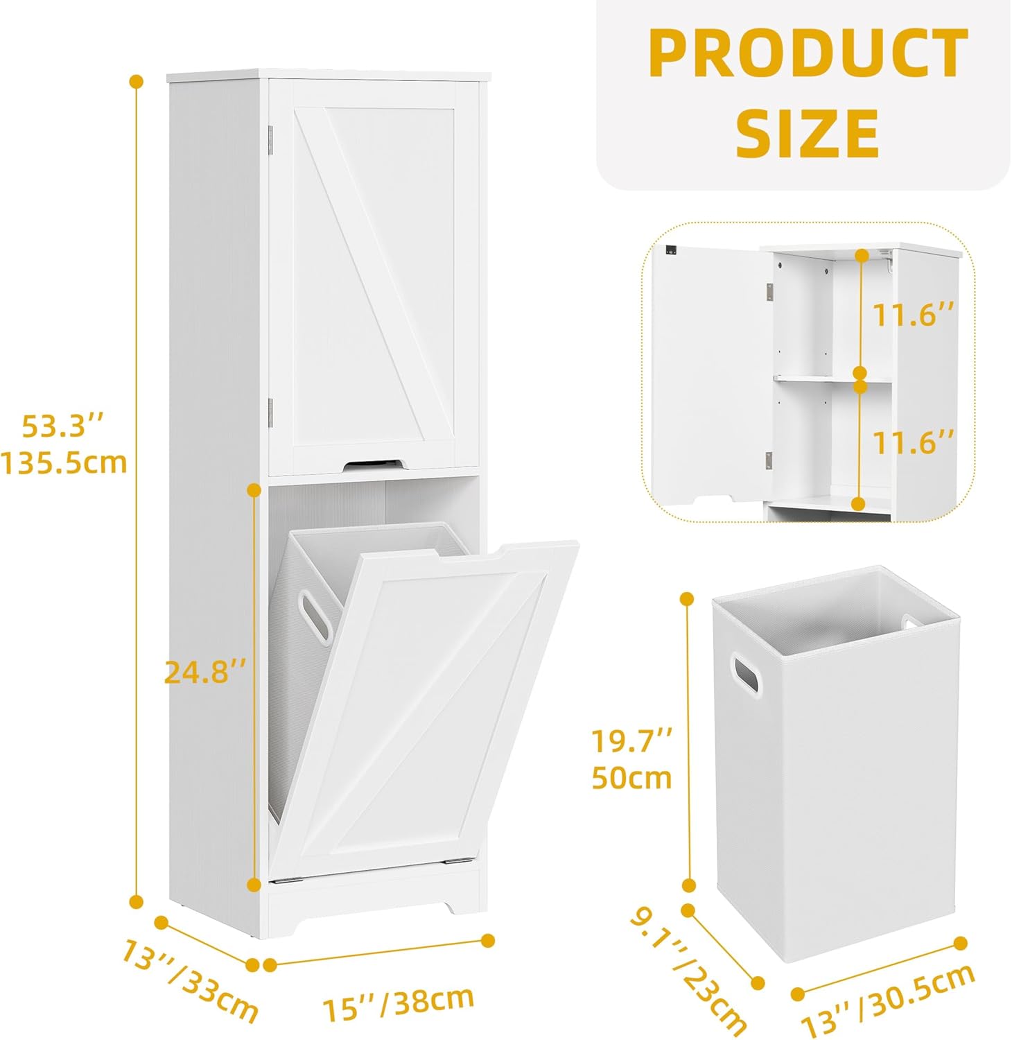DWVO Tilt Out Laundry Hamper - 53 Tall Bathroom Storage Cabinet Laundry Cabinet with Adjustable Shelves and Clothes Basket, Hamper Cabinet Shelf for Laundry Room Bathroom Organizer, White