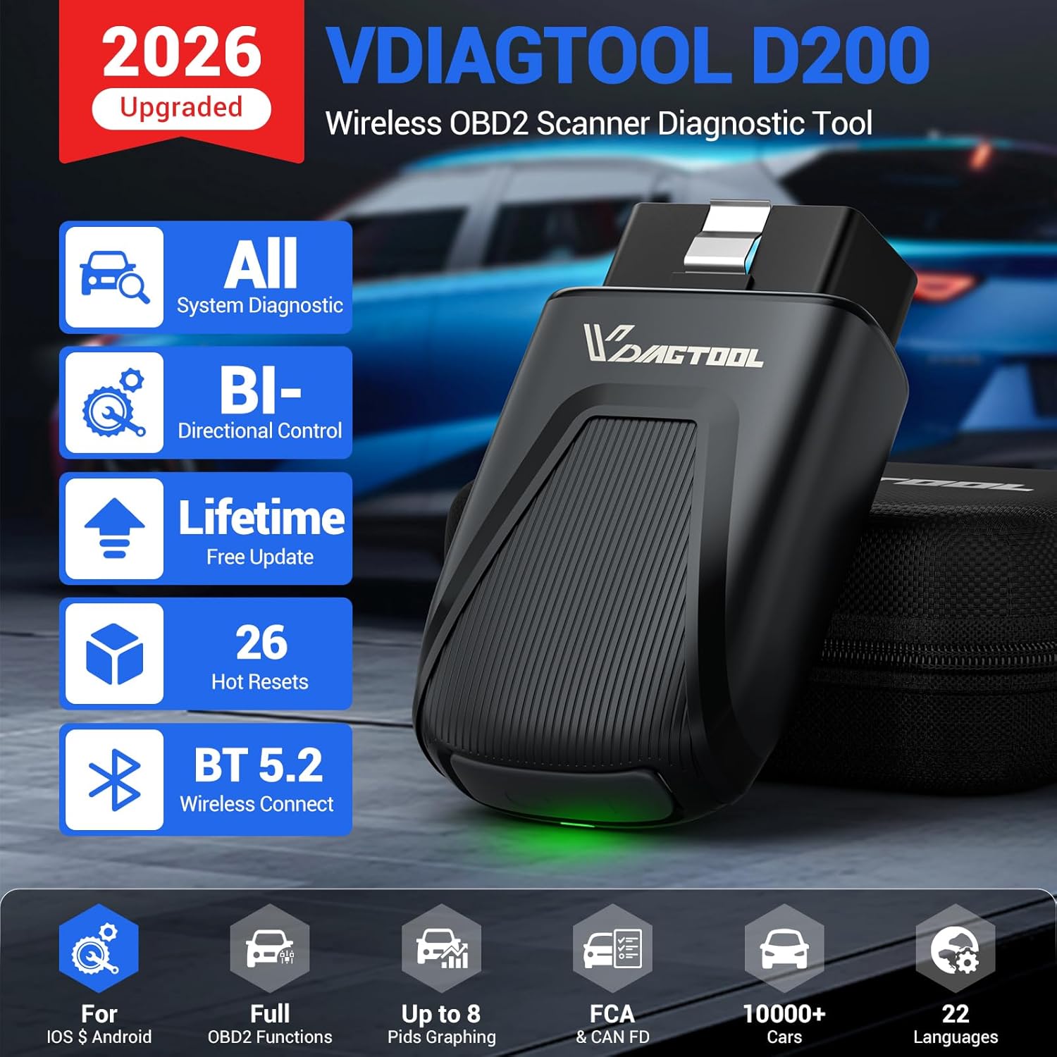 OBD2 Scanner Diagnostic Tool VDIAGTOOL D200, Wireless Bidirectional Scan Tool-Lifetime Free Updates, 26 Resets (Unlockable 49+), Full System Car Code Reader OBD2 Scanner Bluetooth for iOS & Android