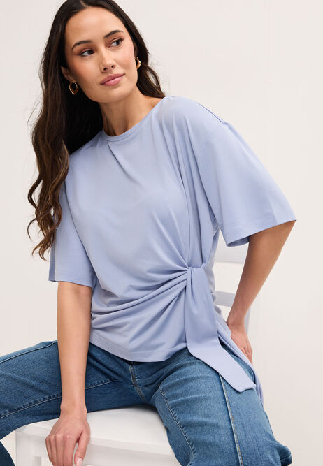 Womens Blue Side Tie Short Sleeved T-Shirt Top