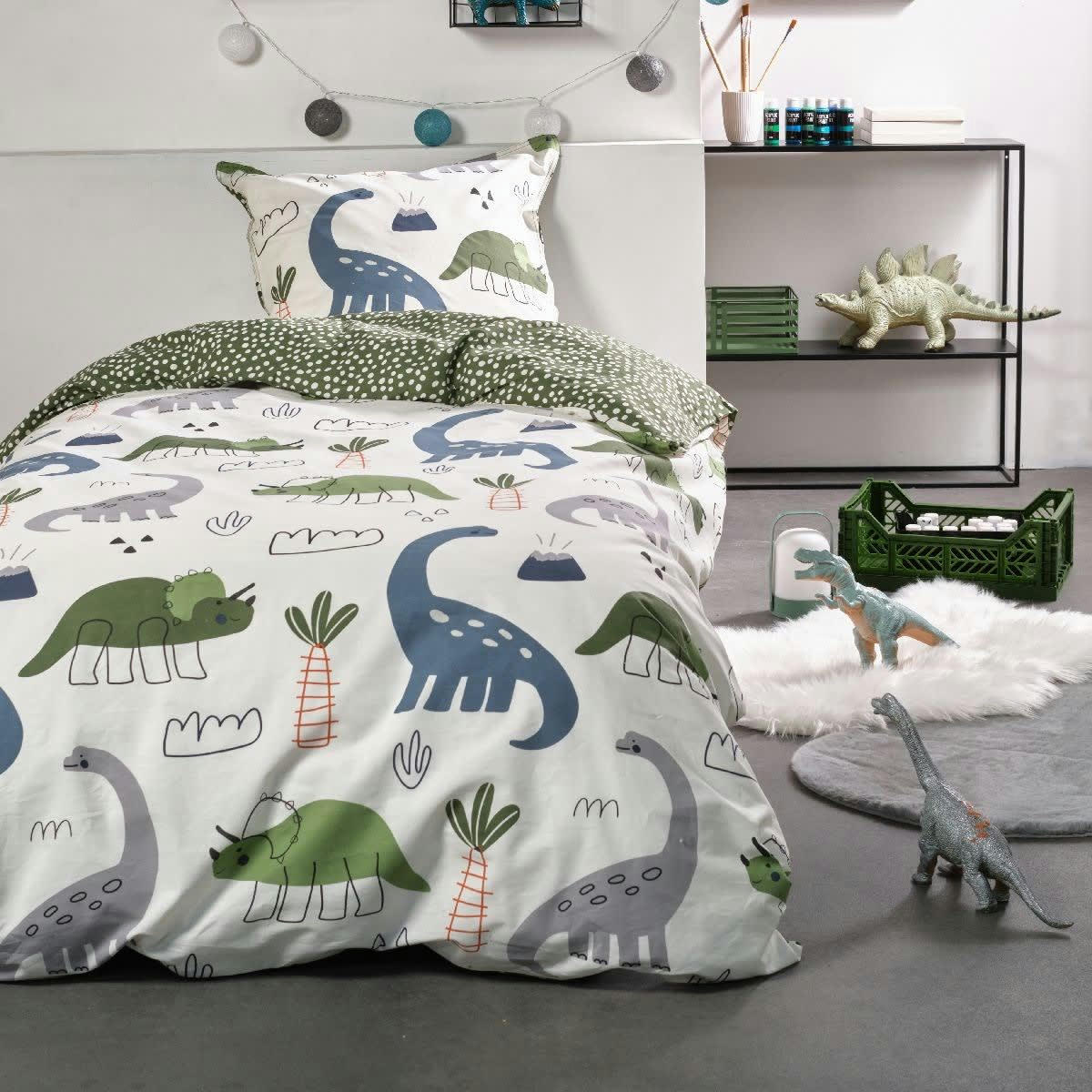 HAPPY DINO - Parure de lit imprimé en coton vert 140x200