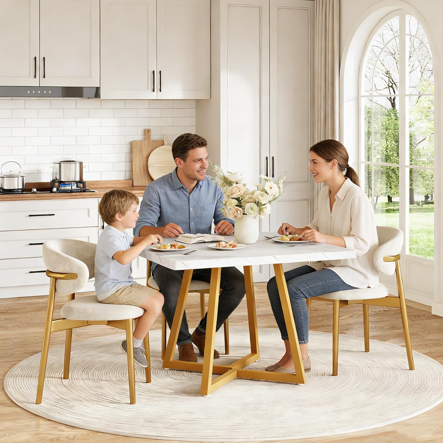 LITTLE TREE 31.5 Inches Small Dining Table for 4, Square Dinner Table for Small Space, Dining Room Tables, White Gold Wooden Kitchen Table with Metal Legs, Modern Leisure Cafe Table for Apartment