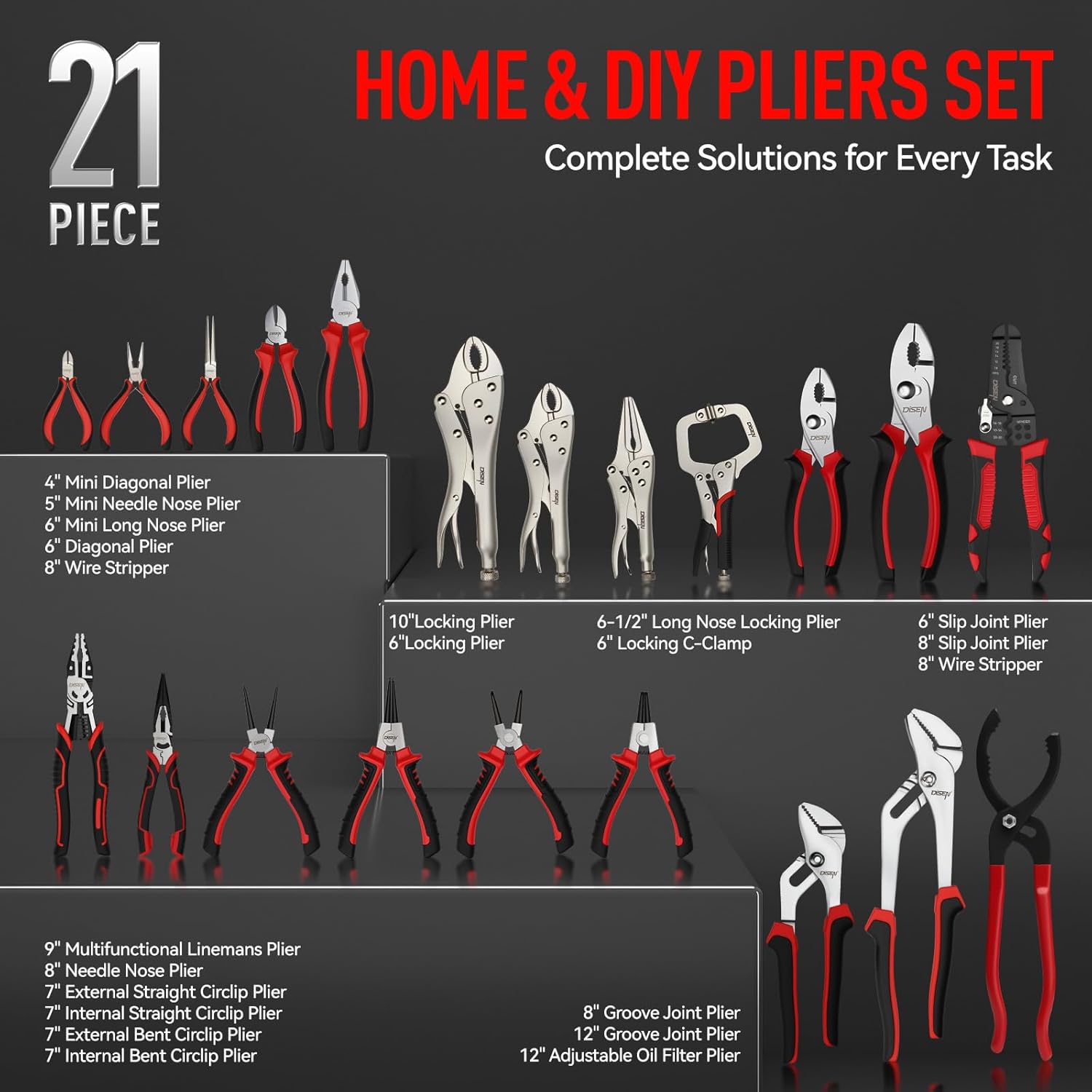 DISEN Pliers Set, 21 Pieces Full Assortment of Plier with EVA, Versatile Pliers Tool Set for Plyers Ideal as Home Use, Holiday, Fathers' Day Gift