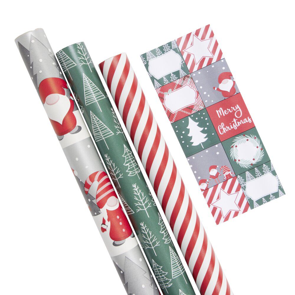Papier cadeau No&euml;l rouleau x3 avec 20 étiquettes autocollantes traditionnel
