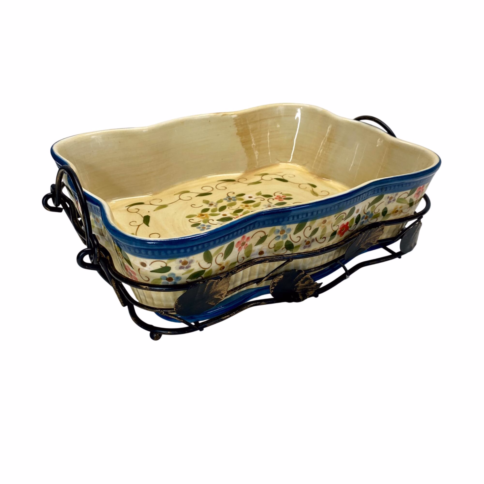 Temptations Ceramic Baking Dish With Metal Rack Floral Design Hand-Painted Oven Safe Decorative Bakeware