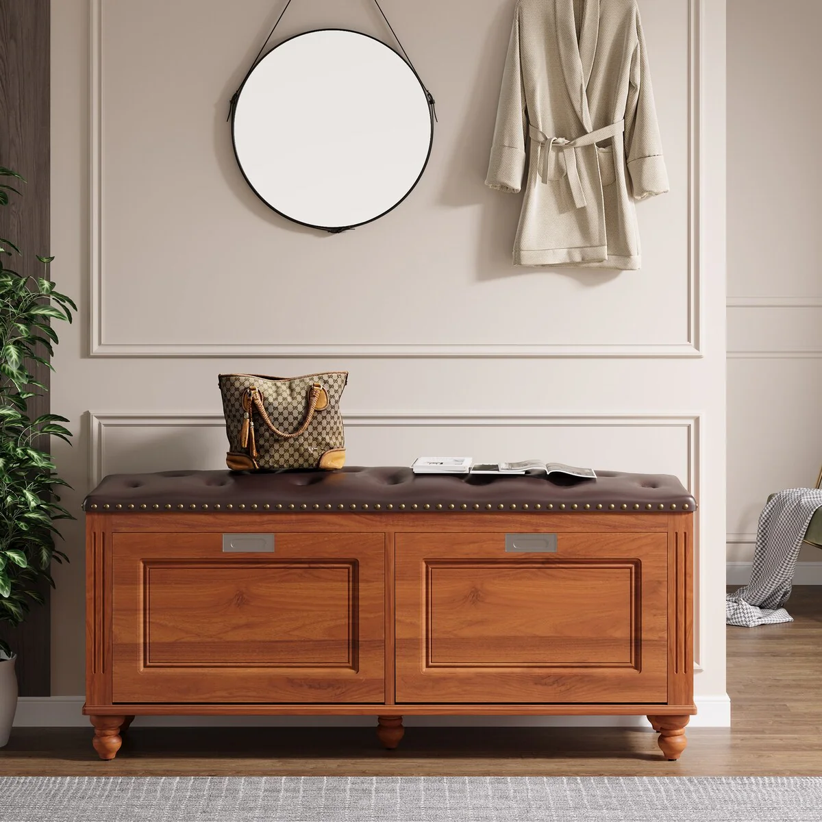 Shoe Storage Bench with 2 Flip Drawers, Entryway Shoe Bench with Tufted Leather Seating