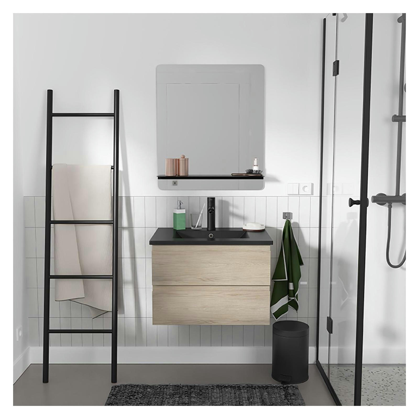 SORRENTO - Meuble simple vasque 60cm  chêne+vasque noire+robinet+miroir rectangle