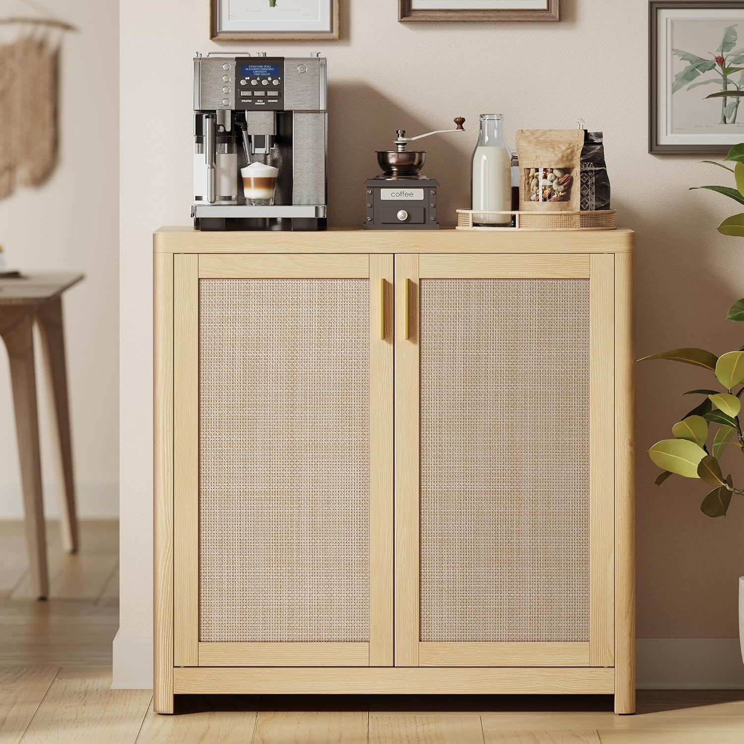VASAGLE ELLAN Collection - Boho Buffet Cabinet with Rattan-Look Doors, Sideboard Storage Cabinet, Rounded Corners, Adjustable Shelf, for Kitchen, Oak Beige UBBK345YC01