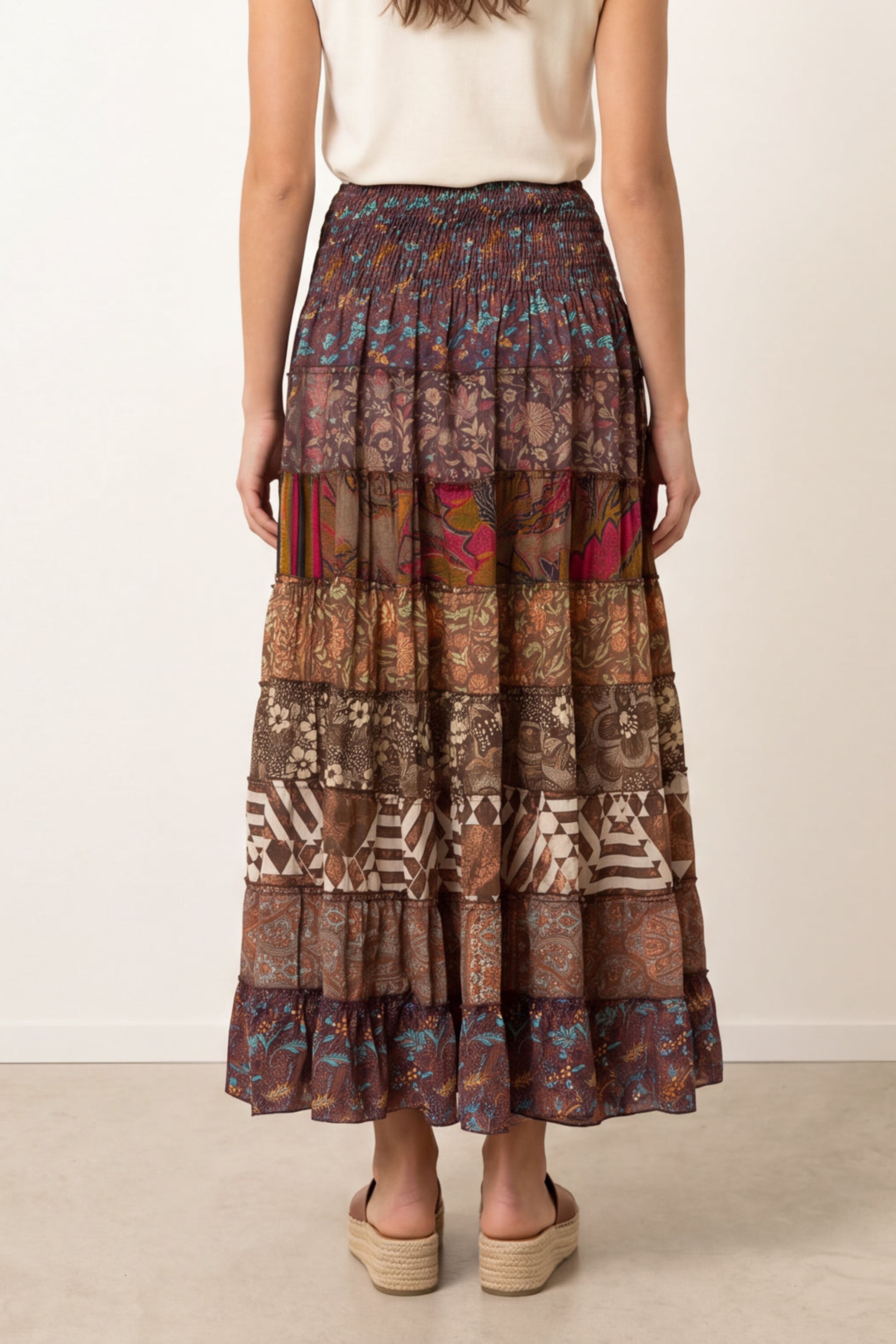 Blue Vanilla Brown Multi Print Shirred Skirt