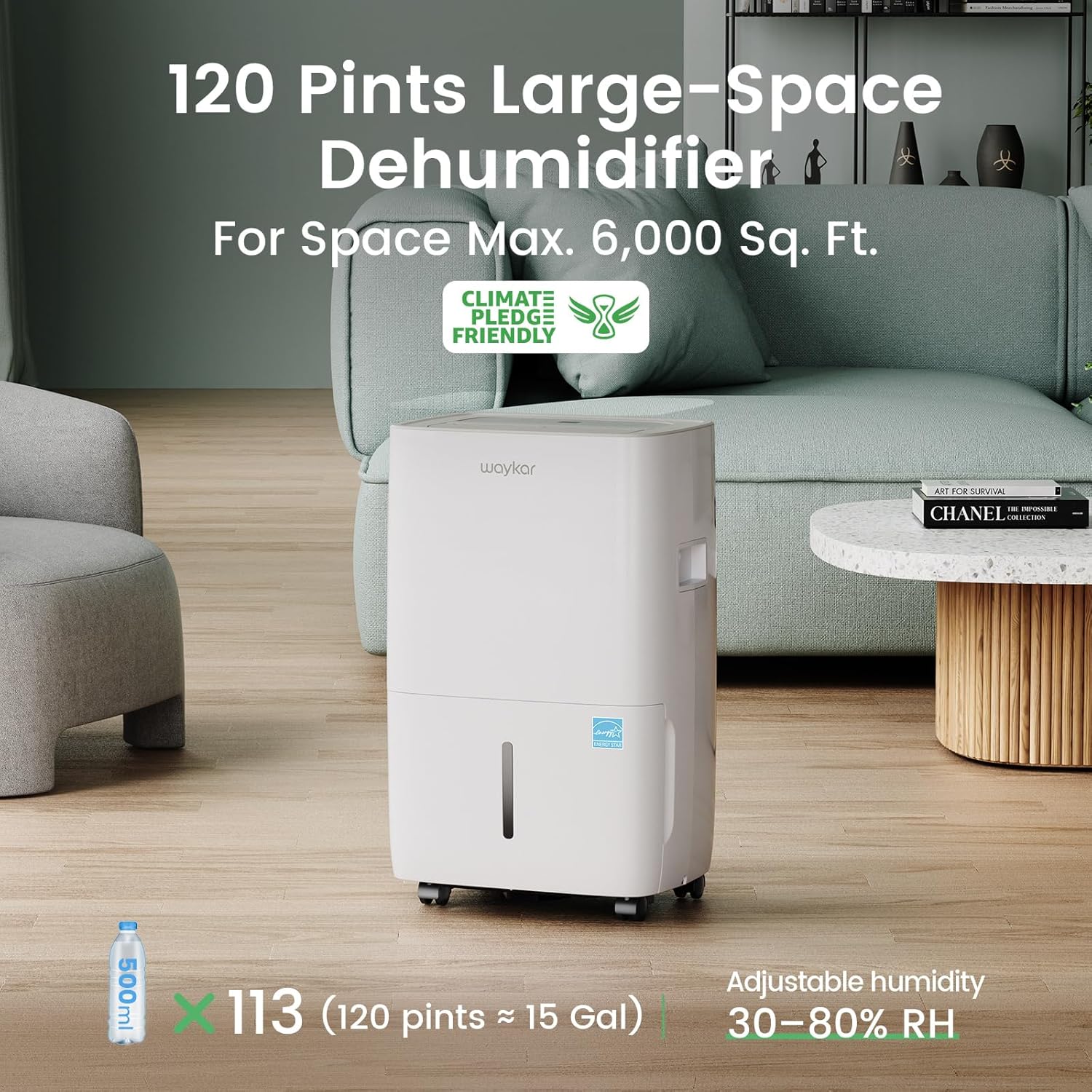 Waykar 120 Pints Energy Star Dehumidifier for Spaces up to 6,000 Sq. Ft at Home, in Basements and Large Rooms with Drain Hose and 1.14 Gallons Water Tank