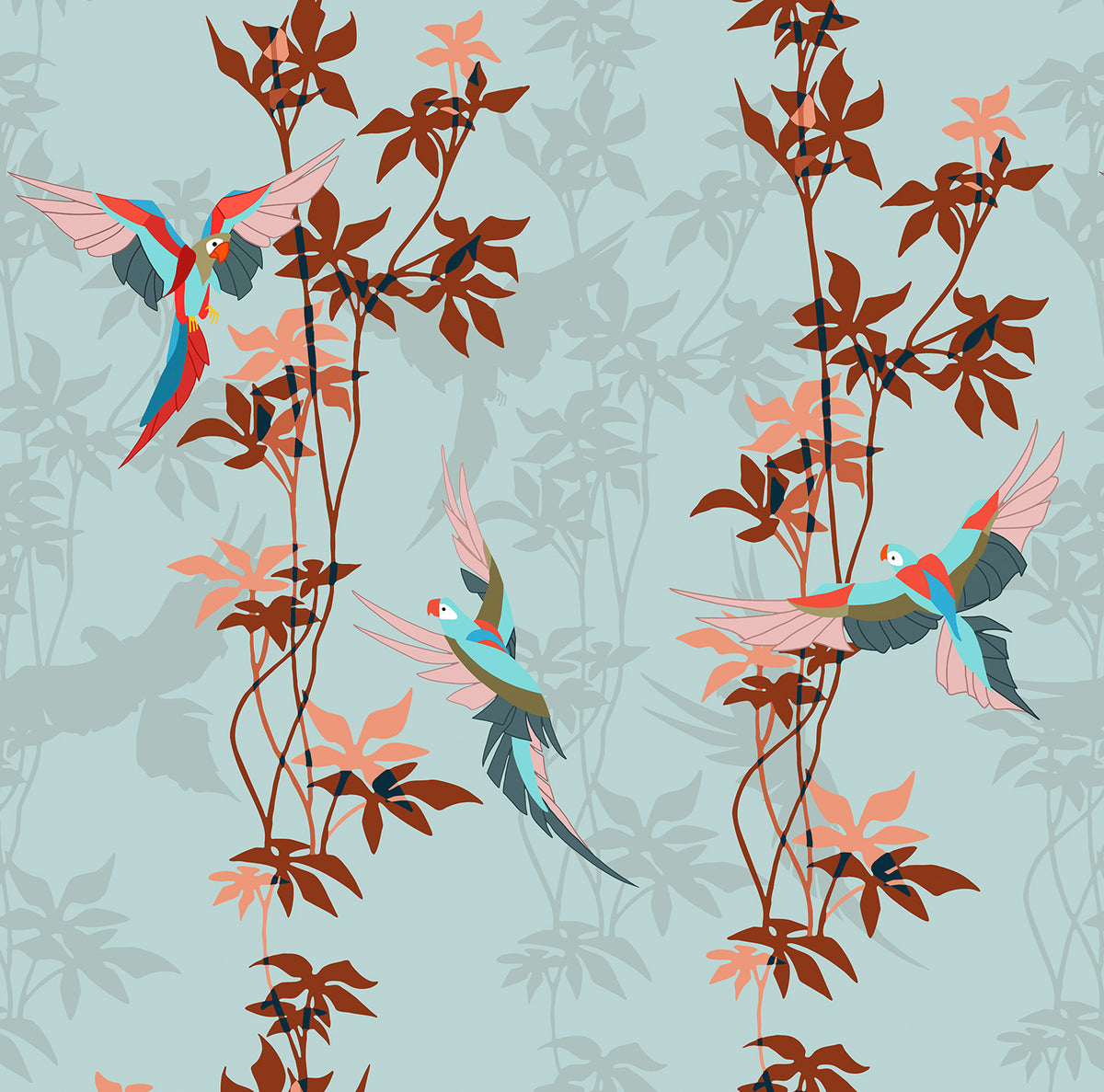 Walls4You behang tropische planten turquoise en terracotta - 53 cm x 10 m - 640109
