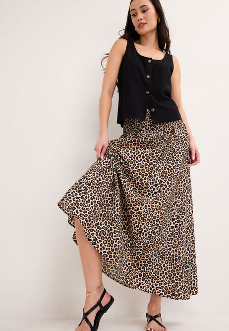 Womens Brown Animal Print Shirred Waist Skirt